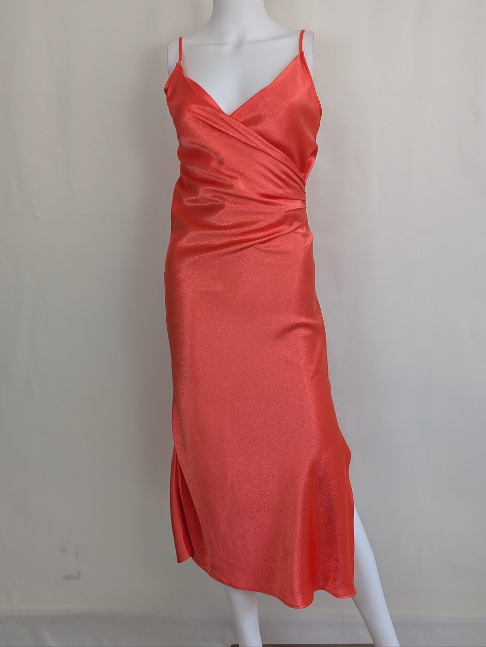 Double Zero Shiny Satin Cowl Neck Sleeveless Side Split Ruched Midi Dress Small